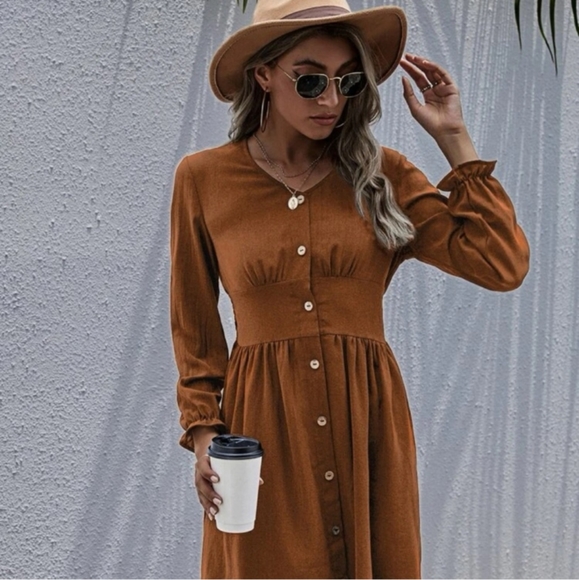 orange front button long sleeve dress - Picture 2 of 3